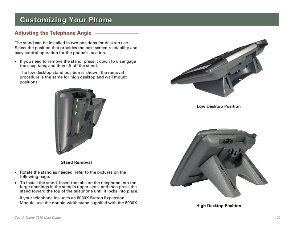 Customizing your phone, Adjusting the telephone angle | Teo IP Phone 7810 User Manual | Page 21 / 40