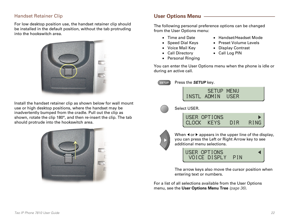 Handset retainer clip, User options menu | Teo IP Phone 7810 User Manual | Page 22 / 40