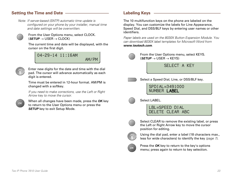Setting the time and date, Labeling keys | Teo IP Phone 7810 User Manual | Page 23 / 40