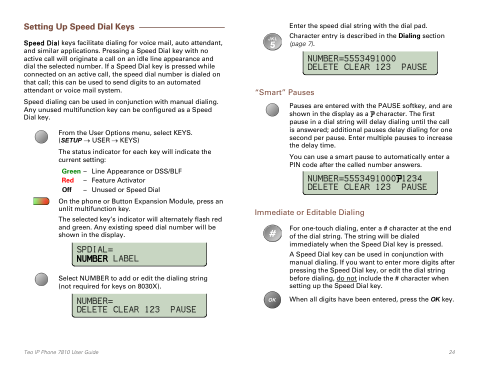 Setting up speed dial keys, Smart” pauses, Immediate or editable dialing | Teo IP Phone 7810 User Manual | Page 24 / 40