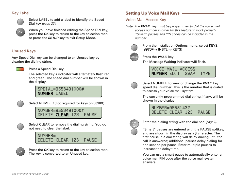 Key label, Unused keys, Setting up voice mail keys | Voice mail access key | Teo IP Phone 7810 User Manual | Page 25 / 40