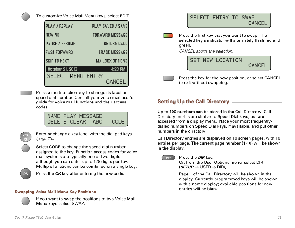 Swapping voice mail menu key positions, Setting up the call directory | Teo IP Phone 7810 User Manual | Page 28 / 40