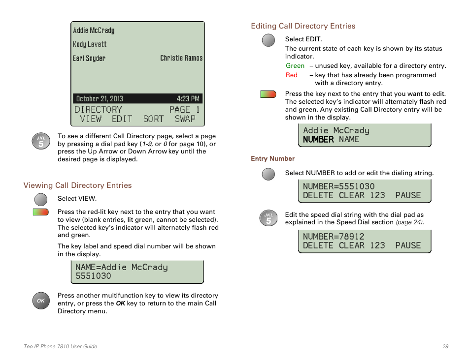 Viewing call directory entries, Editing call directory entries, Entry number | Addie mccrady number name | Teo IP Phone 7810 User Manual | Page 29 / 40