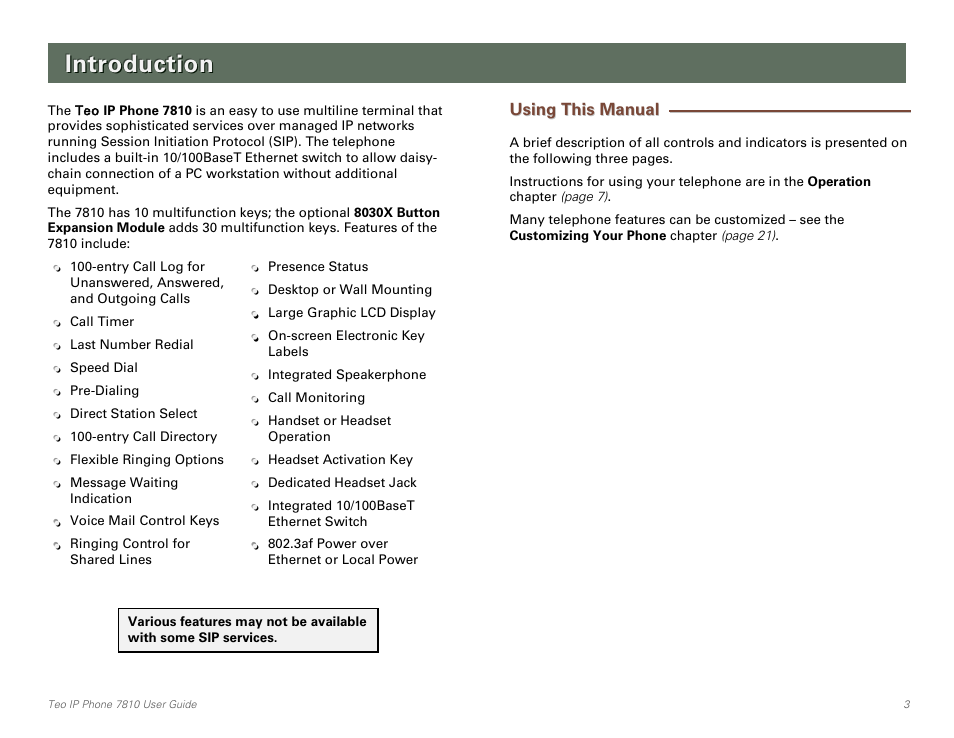 Introduction, Using this manual | Teo IP Phone 7810 User Manual | Page 3 / 40