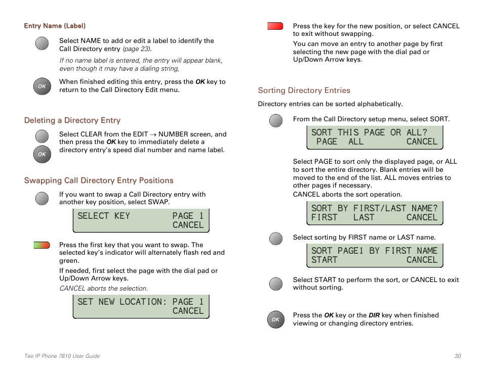 Entry name (label), Deleting a directory entry, Swapping call directory entry positions | Sorting directory entries | Teo IP Phone 7810 User Manual | Page 30 / 40