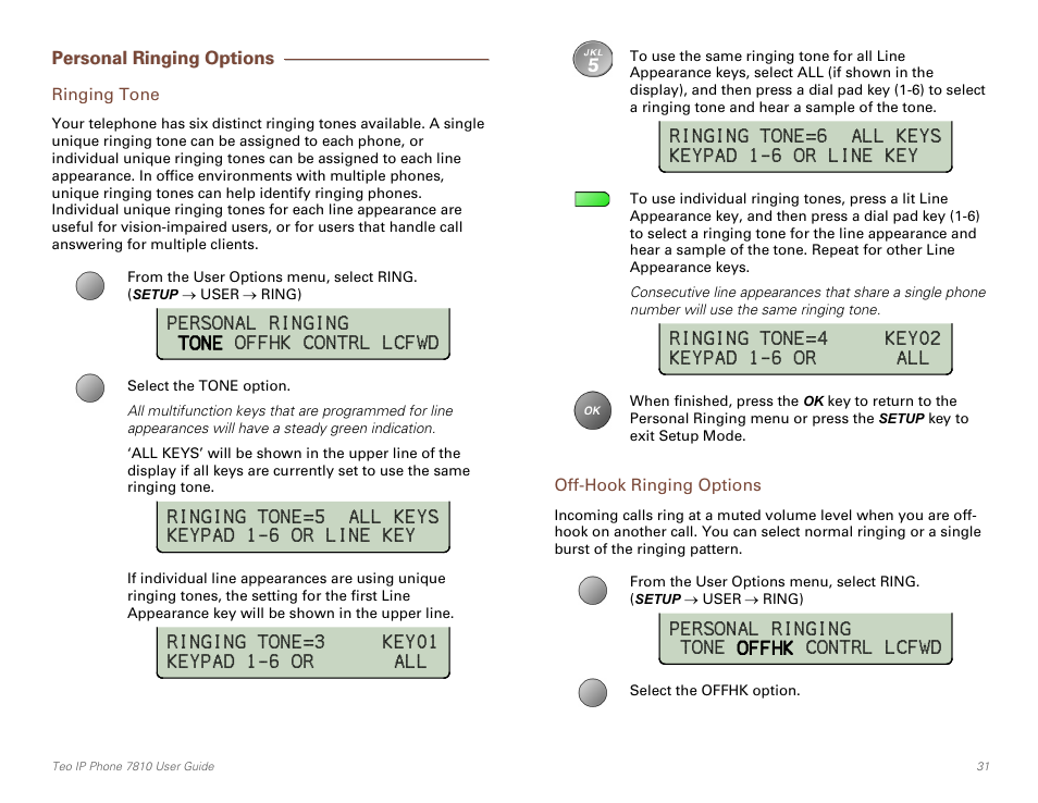 Personal ringing options, Ringing tone, Off-hook ringing options | Teo IP Phone 7810 User Manual | Page 31 / 40