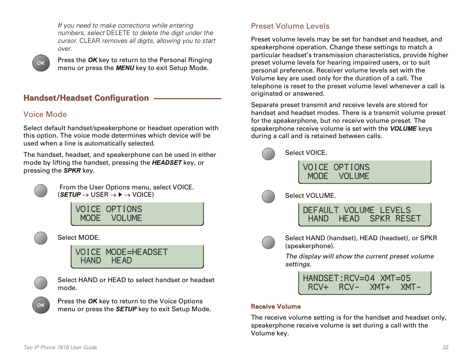 Handset/headset configuration, Voice mode, Preset volume levels | Receive volume | Teo IP Phone 7810 User Manual | Page 33 / 40