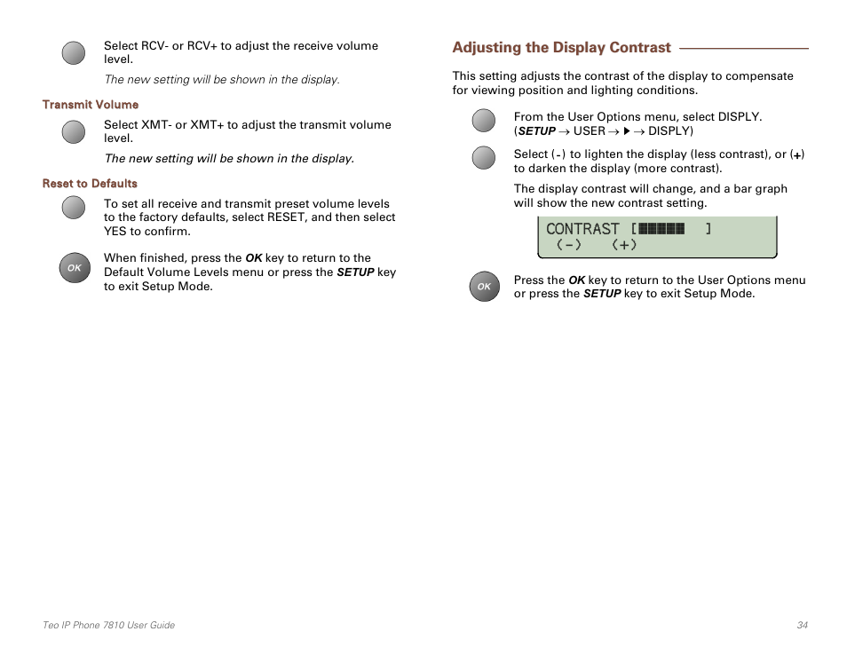 Transmit volume, Reset to defaults, Adjusting the display contrast | Teo IP Phone 7810 User Manual | Page 34 / 40