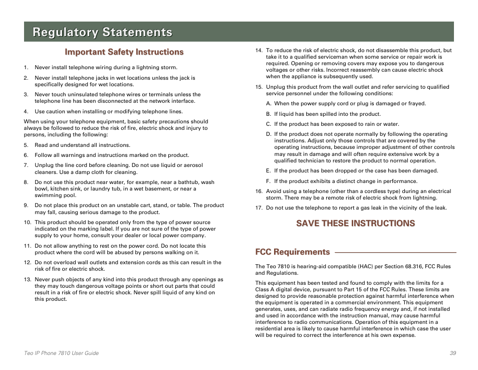 Regulatory statements, Important safety instructions, Save these instructions | Fcc requirements | Teo IP Phone 7810 User Manual | Page 39 / 40