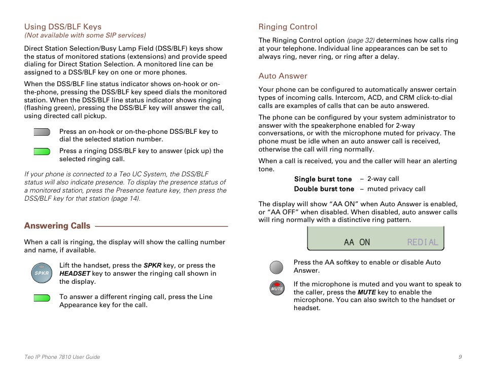 Answering calls, Ringing control, Auto answer | Ge 9) | Teo IP Phone 7810 User Manual | Page 9 / 40