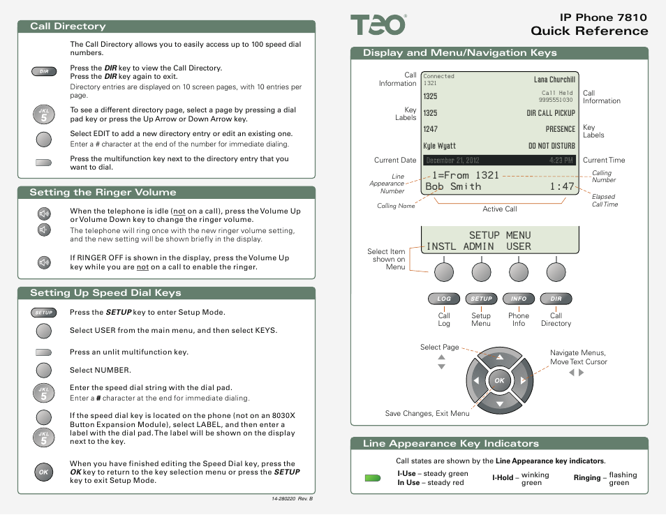 Quick reference, Setup menu instl admin user, Ip phone 7810 | Teo IP Phone 7810 Quick Start User Manual | Page 3 / 4