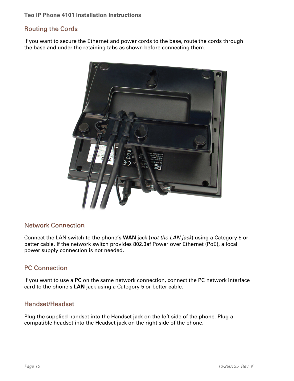 Routing the cords, Network connection, Pc connection | Handset/headset | Teo IP Phone 4101 Installation User Manual | Page 10 / 72