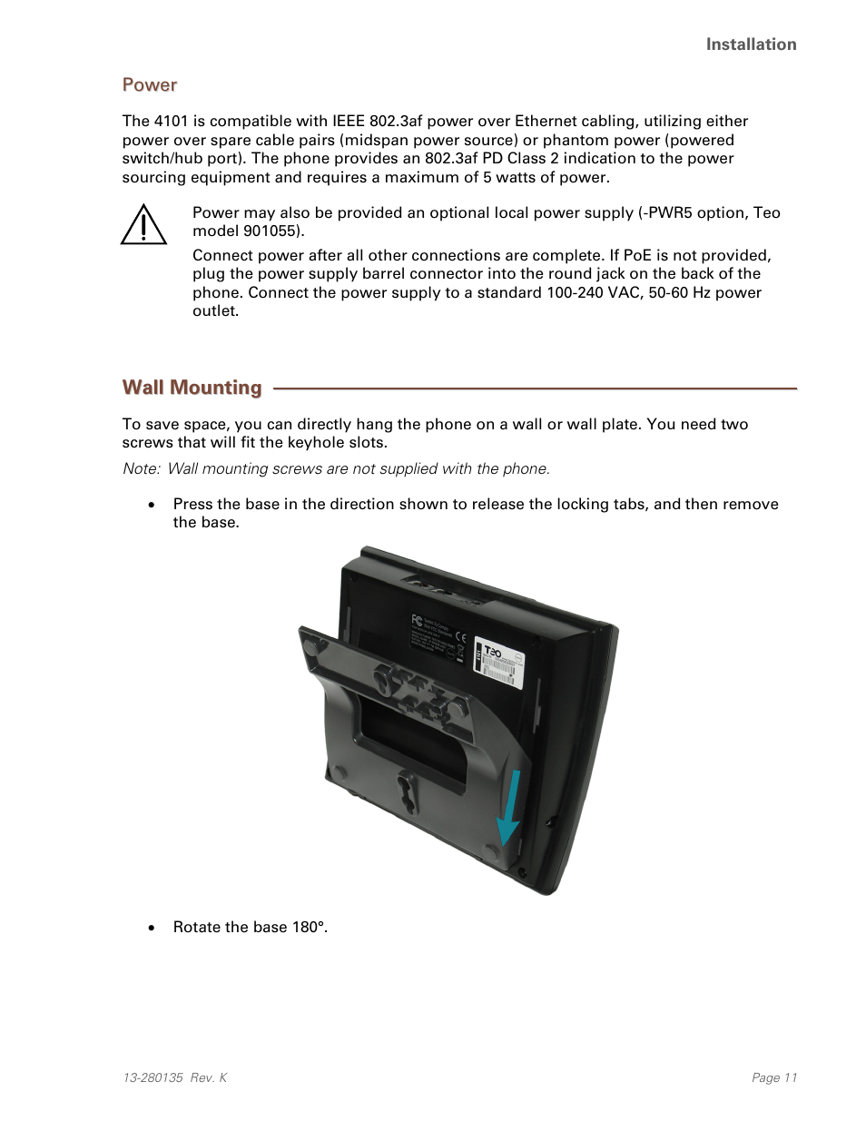 Power, Wall mounting | Teo IP Phone 4101 Installation User Manual | Page 11 / 72