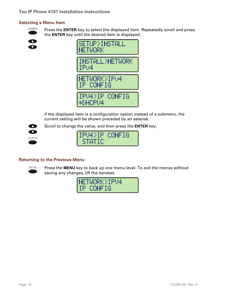 Selecting a menu item, Returning to the previous menu | Teo IP Phone 4101 Installation User Manual | Page 16 / 72