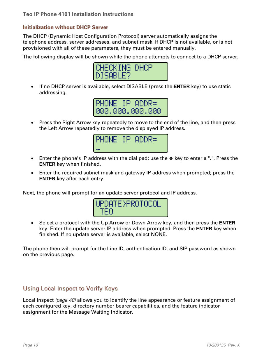 Initialization without dhcp server, Using local inspect to verify keys | Teo IP Phone 4101 Installation User Manual | Page 18 / 72