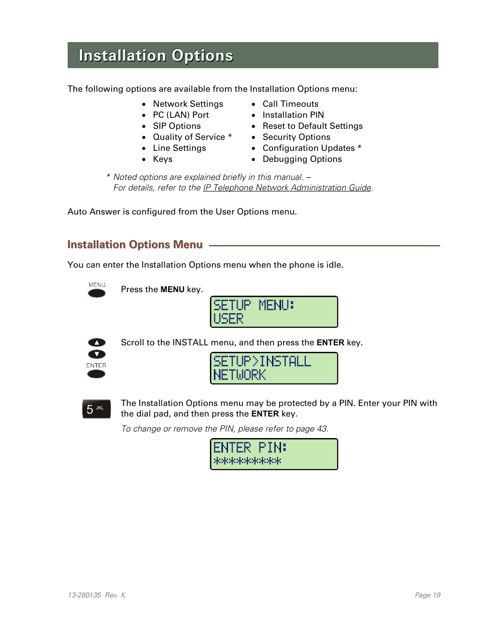 Installation options, Installation options menu | Teo IP Phone 4101 Installation User Manual | Page 19 / 72