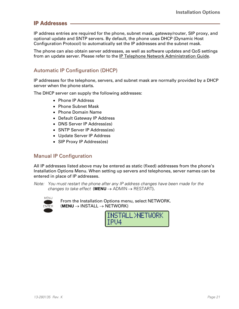 Ip addresses, Automatic ip configuration (dhcp), Manual ip configuration | Teo IP Phone 4101 Installation User Manual | Page 21 / 72