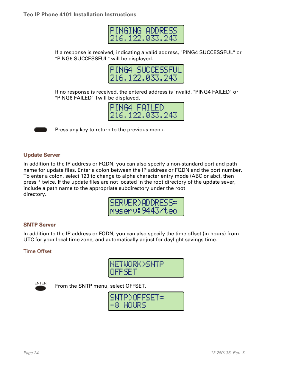 Update server, Sntp server, Time offset | Teo IP Phone 4101 Installation User Manual | Page 24 / 72