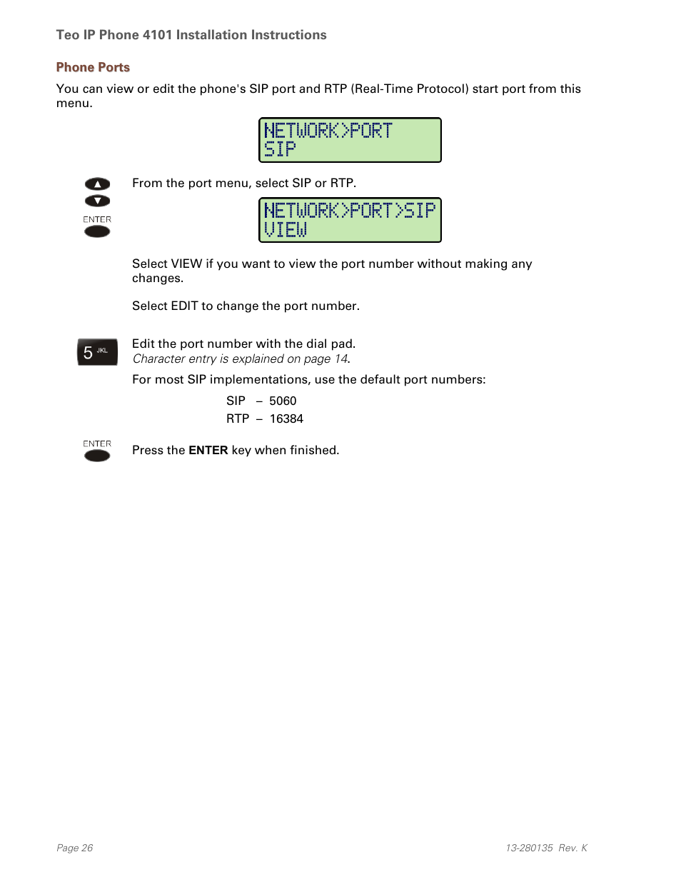 Phone ports, Network>port>sip view network>port sip | Teo IP Phone 4101 Installation User Manual | Page 26 / 72