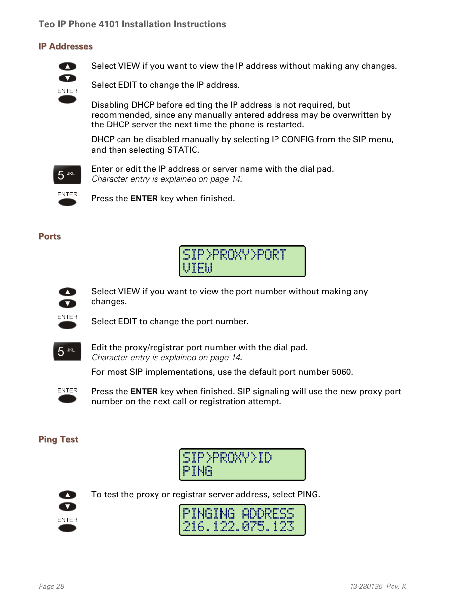 Ip addresses, Ports, Ping test | Teo IP Phone 4101 Installation User Manual | Page 28 / 72