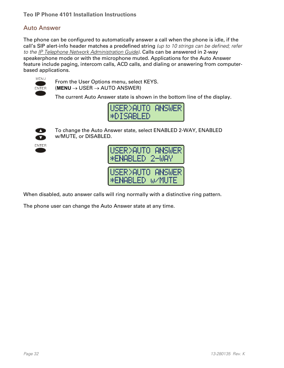 Auto answer | Teo IP Phone 4101 Installation User Manual | Page 32 / 72