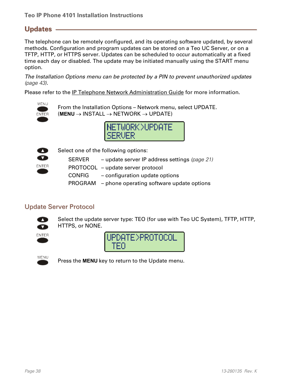Updates, Update server protocol | Teo IP Phone 4101 Installation User Manual | Page 38 / 72