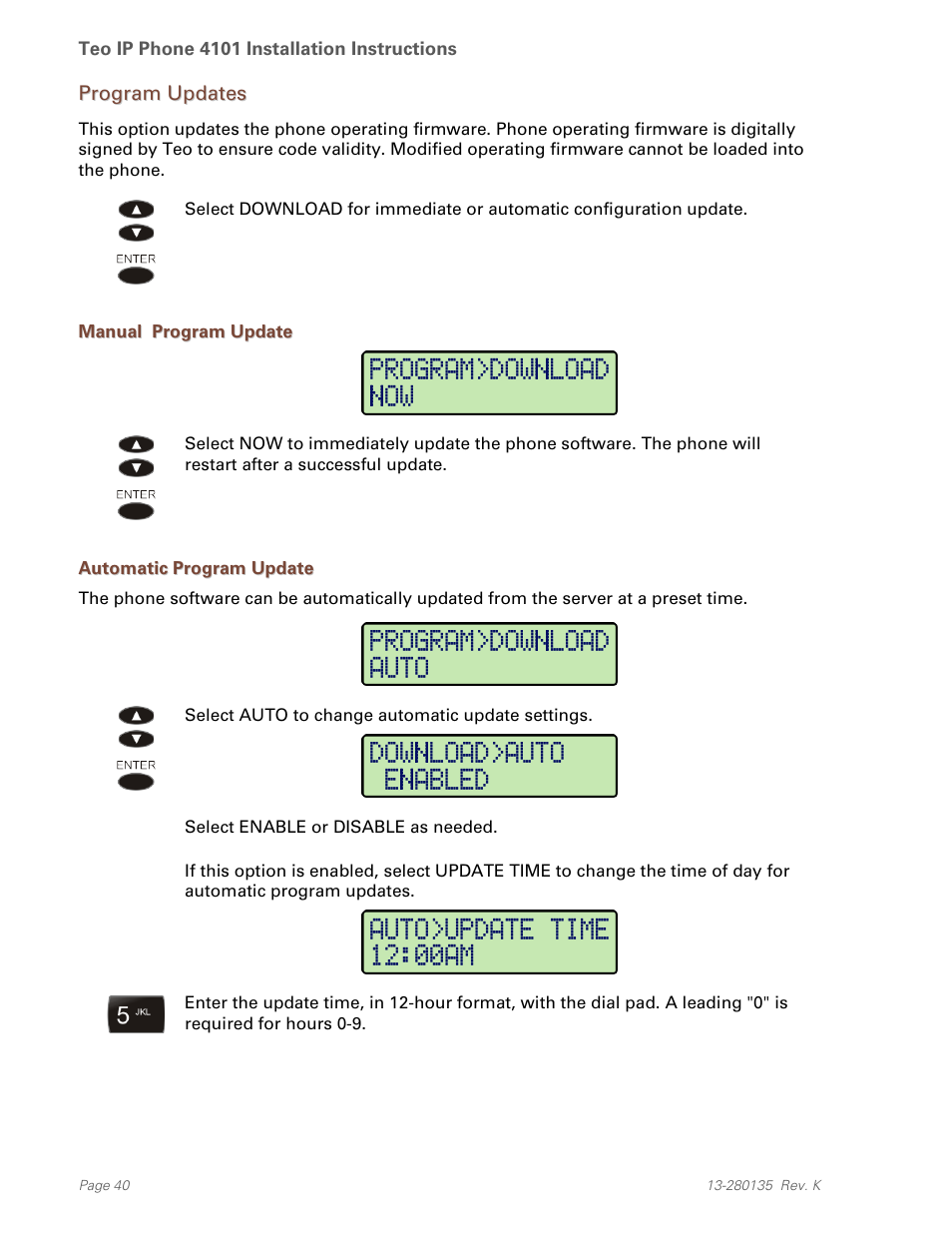 Program updates, Manual program update, Automatic program update | Teo IP Phone 4101 Installation User Manual | Page 40 / 72