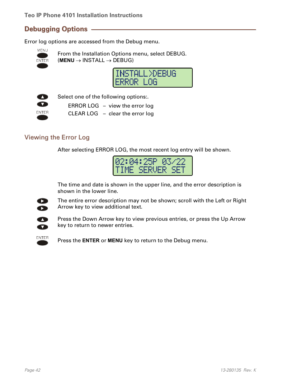 Debugging options, Viewing the error log | Teo IP Phone 4101 Installation User Manual | Page 42 / 72