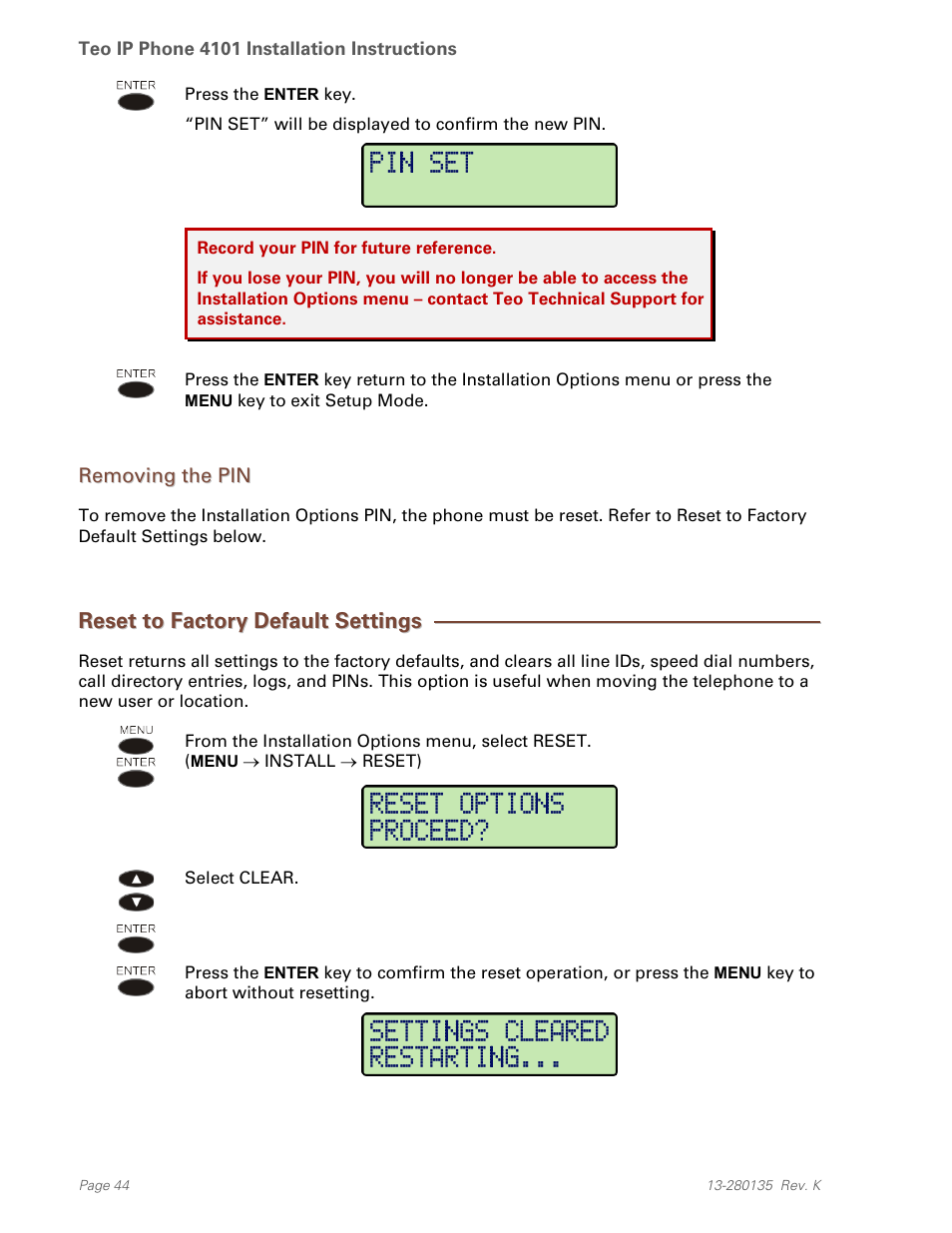 Removing the pin, Reset to factory default settings | Teo IP Phone 4101 Installation User Manual | Page 44 / 72