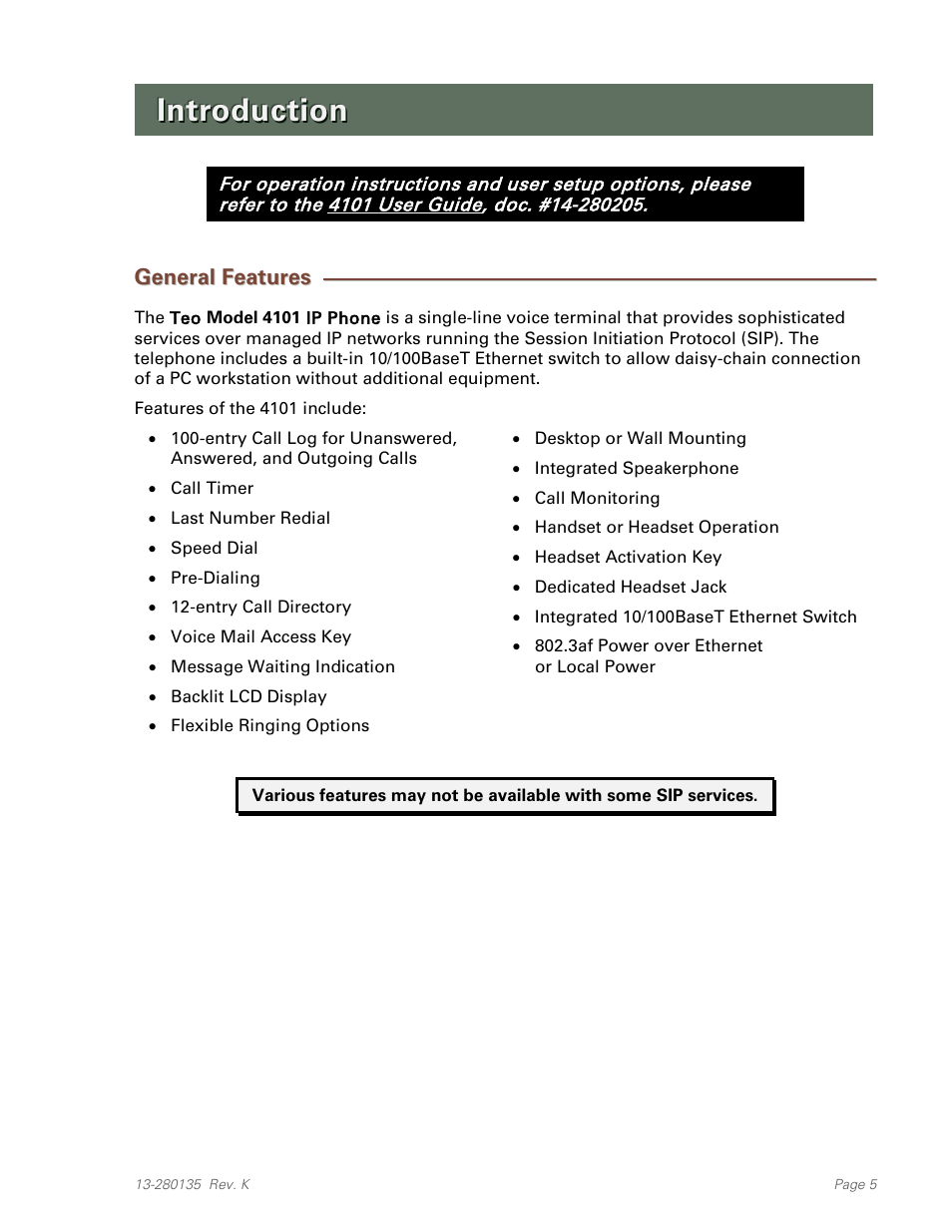Introduction, General features | Teo IP Phone 4101 Installation User Manual | Page 5 / 72