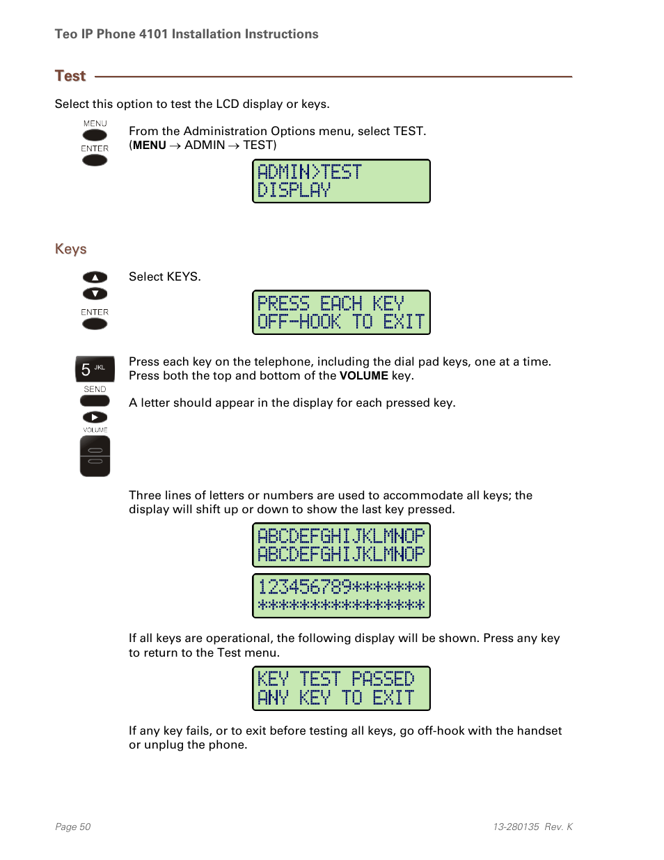 Test, Keys | Teo IP Phone 4101 Installation User Manual | Page 50 / 72