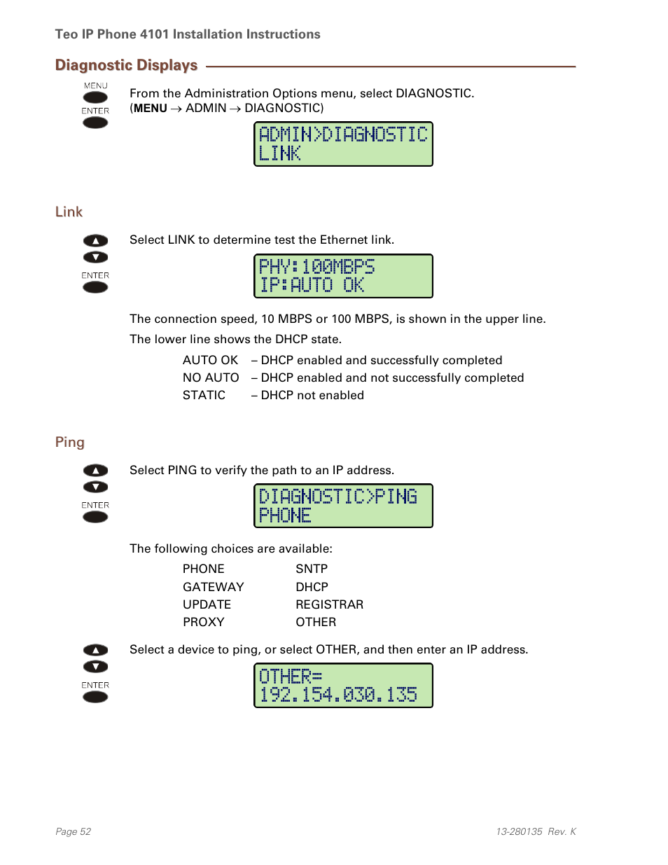 Diagnostic displays, Link, Ping | Teo IP Phone 4101 Installation User Manual | Page 52 / 72