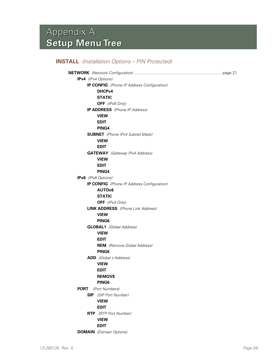 Appendix a setup menu tree, Appendix a, Setup menu tree | Teo IP Phone 4101 Installation User Manual | Page 59 / 72