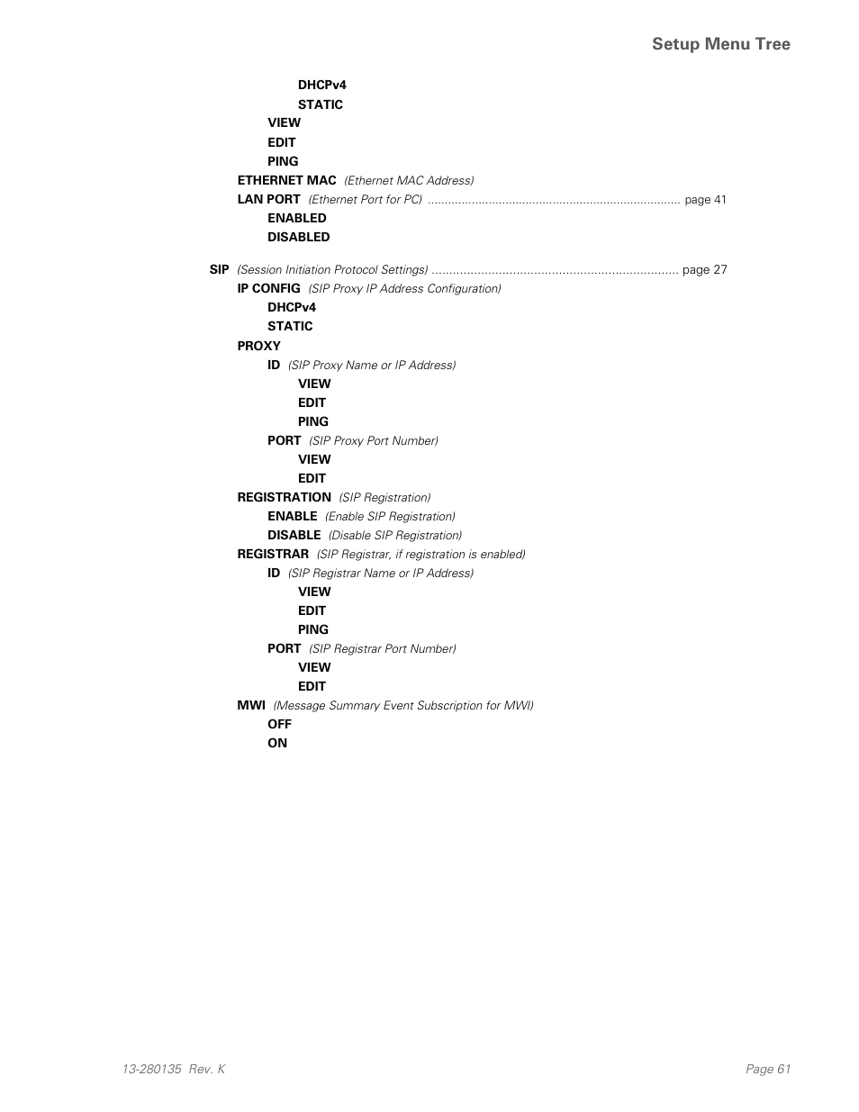 Setup menu tree | Teo IP Phone 4101 Installation User Manual | Page 61 / 72