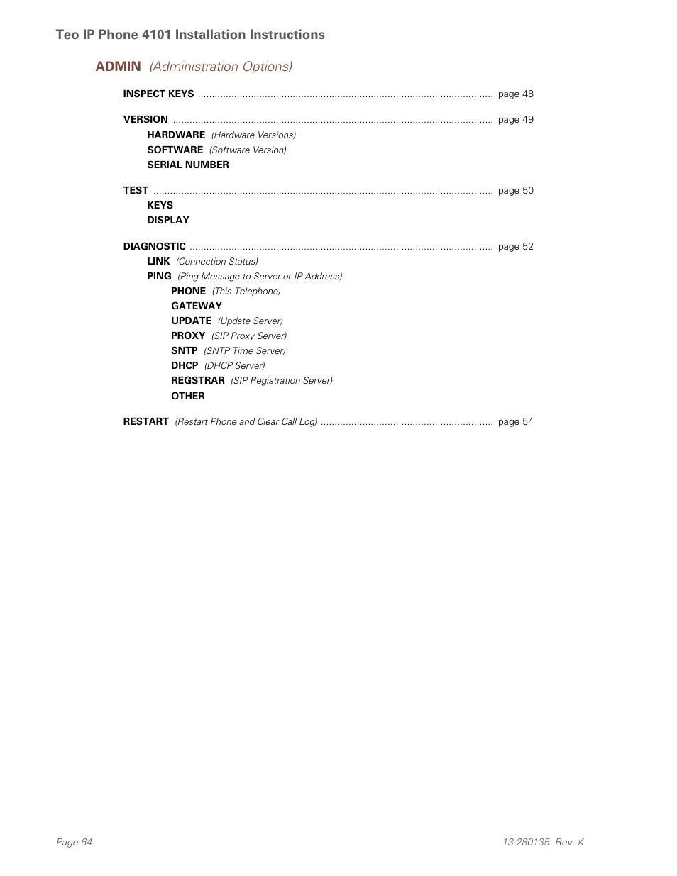 Keys, Teo ip phone 4101 installation instructions, Admin (administration options) | Teo IP Phone 4101 Installation User Manual | Page 64 / 72