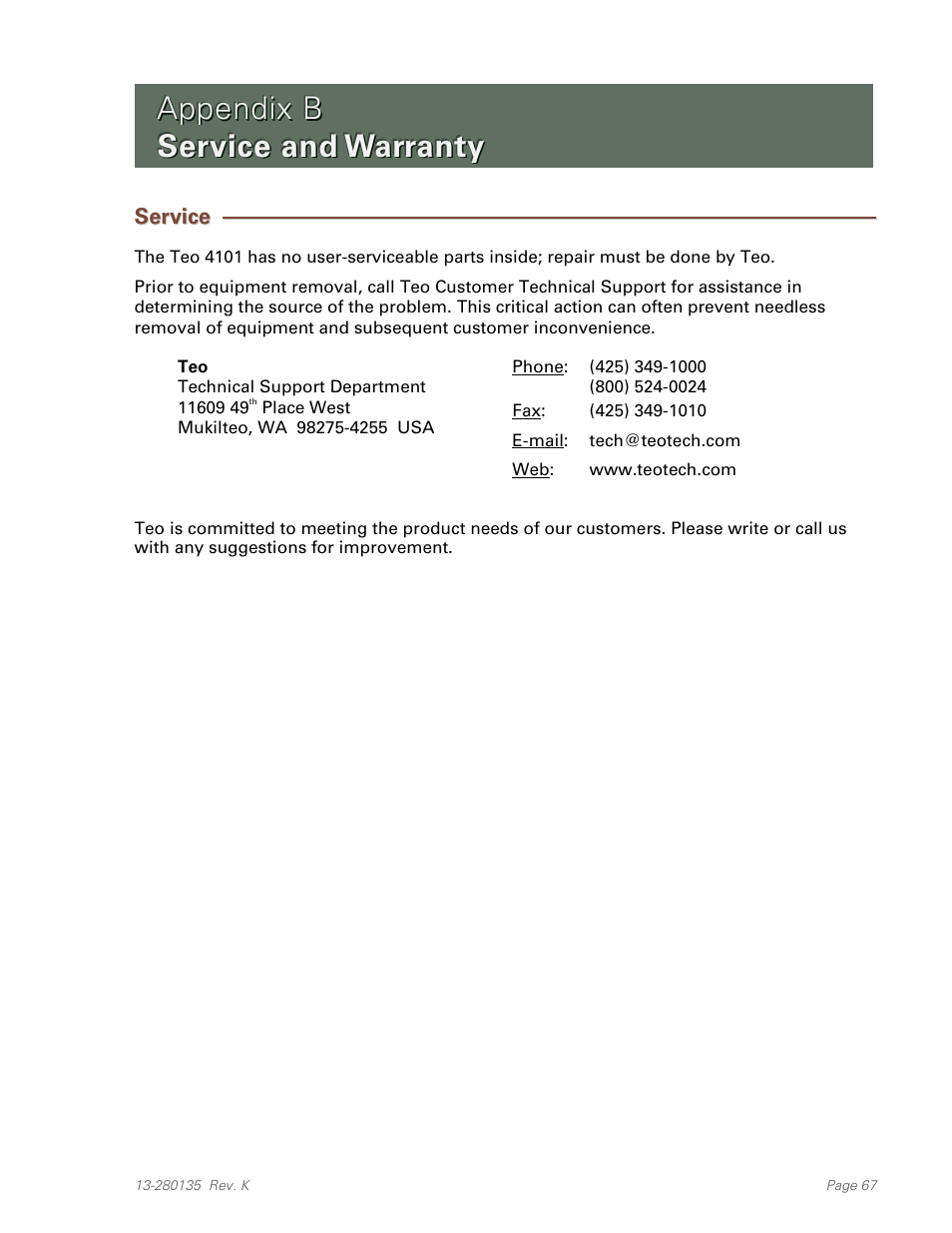 Appendix b service and warranty, Service, Appendix b | Service and warranty | Teo IP Phone 4101 Installation User Manual | Page 67 / 72