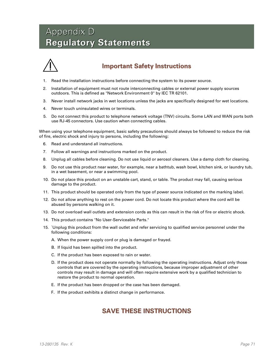 Appendix d regulatory statements, Important safety instructions, Save these instructions | Appendix d, Regulatory statements | Teo IP Phone 4101 Installation User Manual | Page 71 / 72