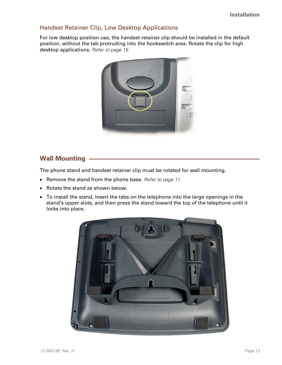 Handset retainer clip, low desktop applications, Wall mounting | Teo IP Phone 7810-TSG Installation User Manual | Page 13 / 84