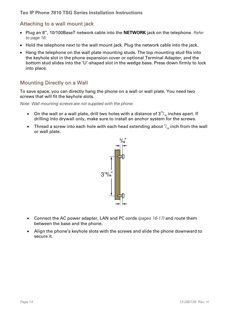 Attaching to a wall mount jack, Mounting directly on a wall | Teo IP Phone 7810-TSG Installation User Manual | Page 14 / 84