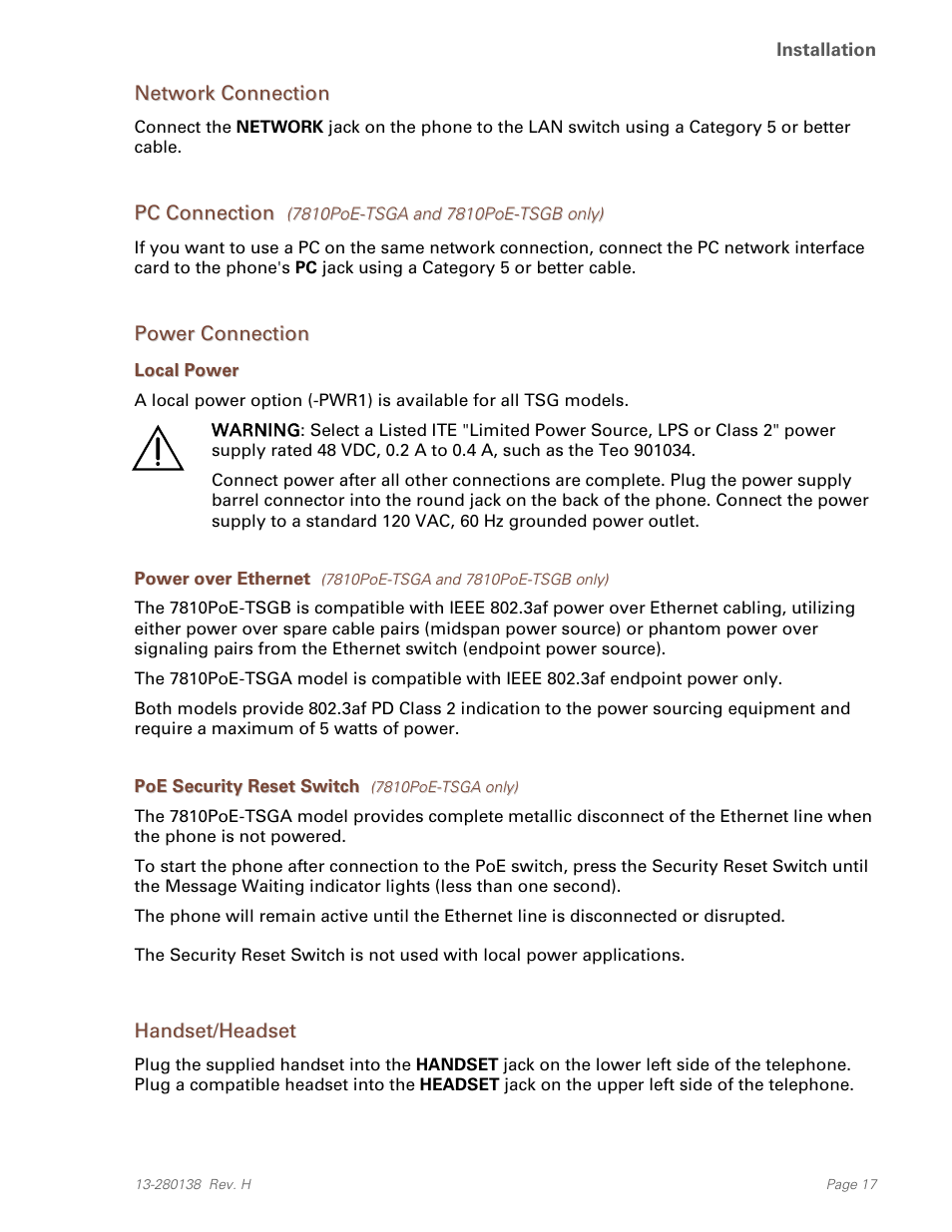 Network connection, Pc connection (7810poe-tsga and 7810poe-tsgb only), Power connection | Local power, Poe security reset switch (7810poe-tsga only), Handset/headset | Teo IP Phone 7810-TSG Installation User Manual | Page 17 / 84