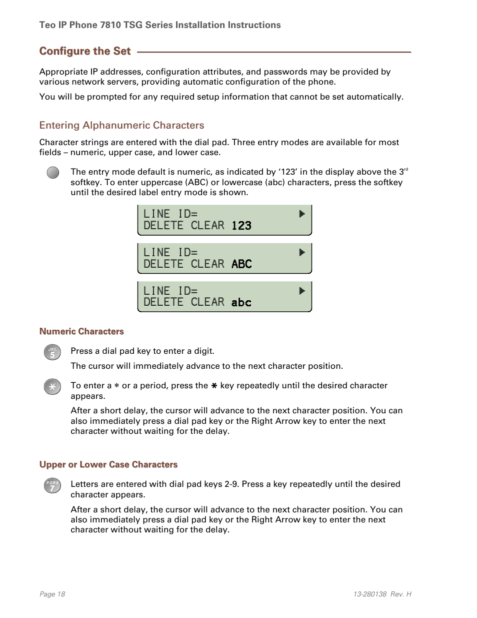 Configure the set, Entering alphanumeric characters, Numeric characters | Upper or lower case characters | Teo IP Phone 7810-TSG Installation User Manual | Page 18 / 84