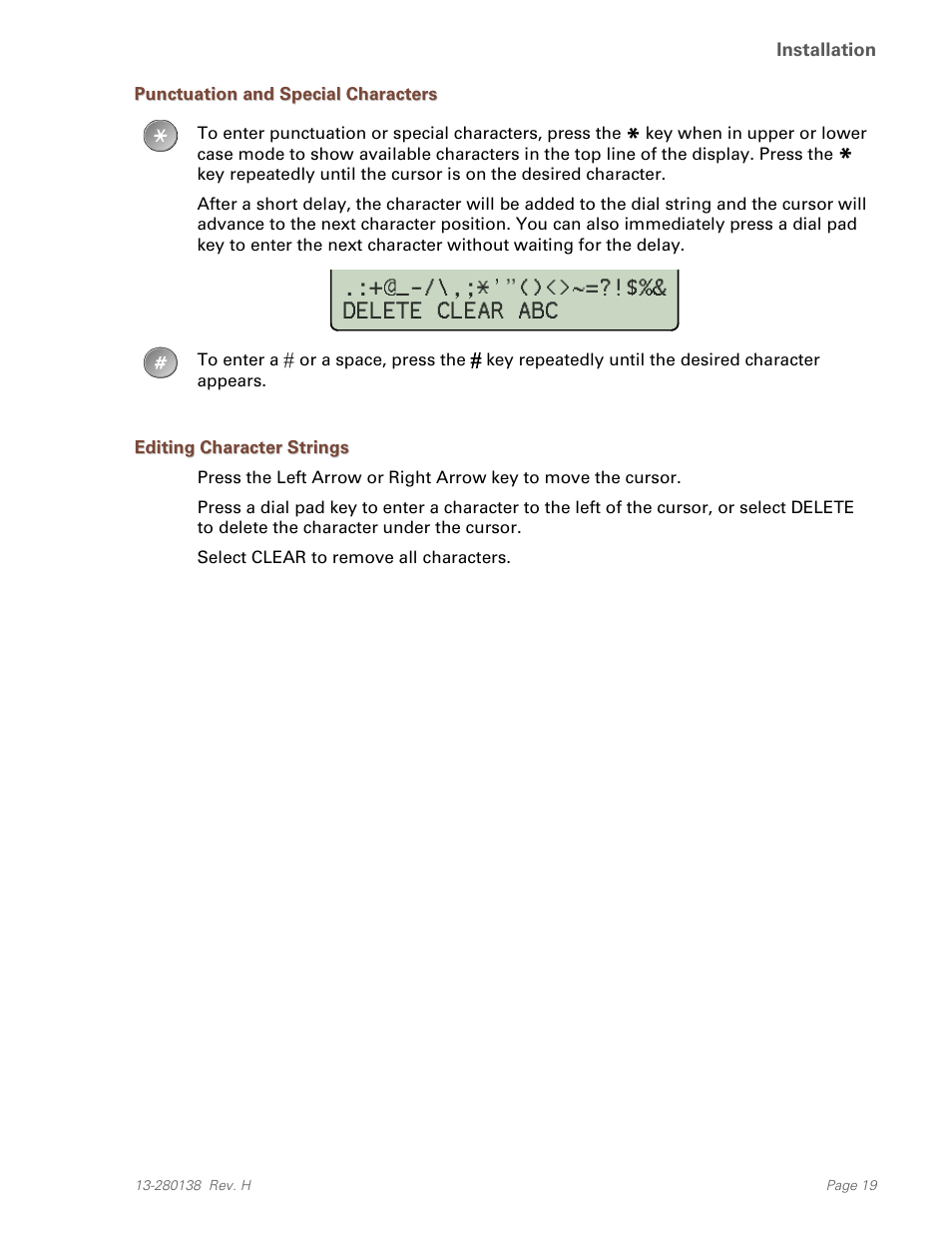 Punctuation and special characters, Editing character strings, Delete clear abc | Teo IP Phone 7810-TSG Installation User Manual | Page 19 / 84