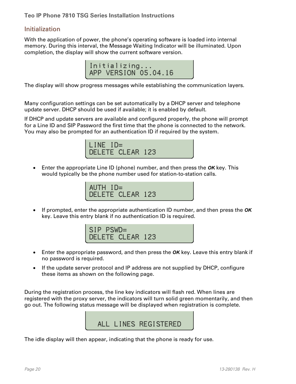 Initialization, All lines registered | Teo IP Phone 7810-TSG Installation User Manual | Page 20 / 84