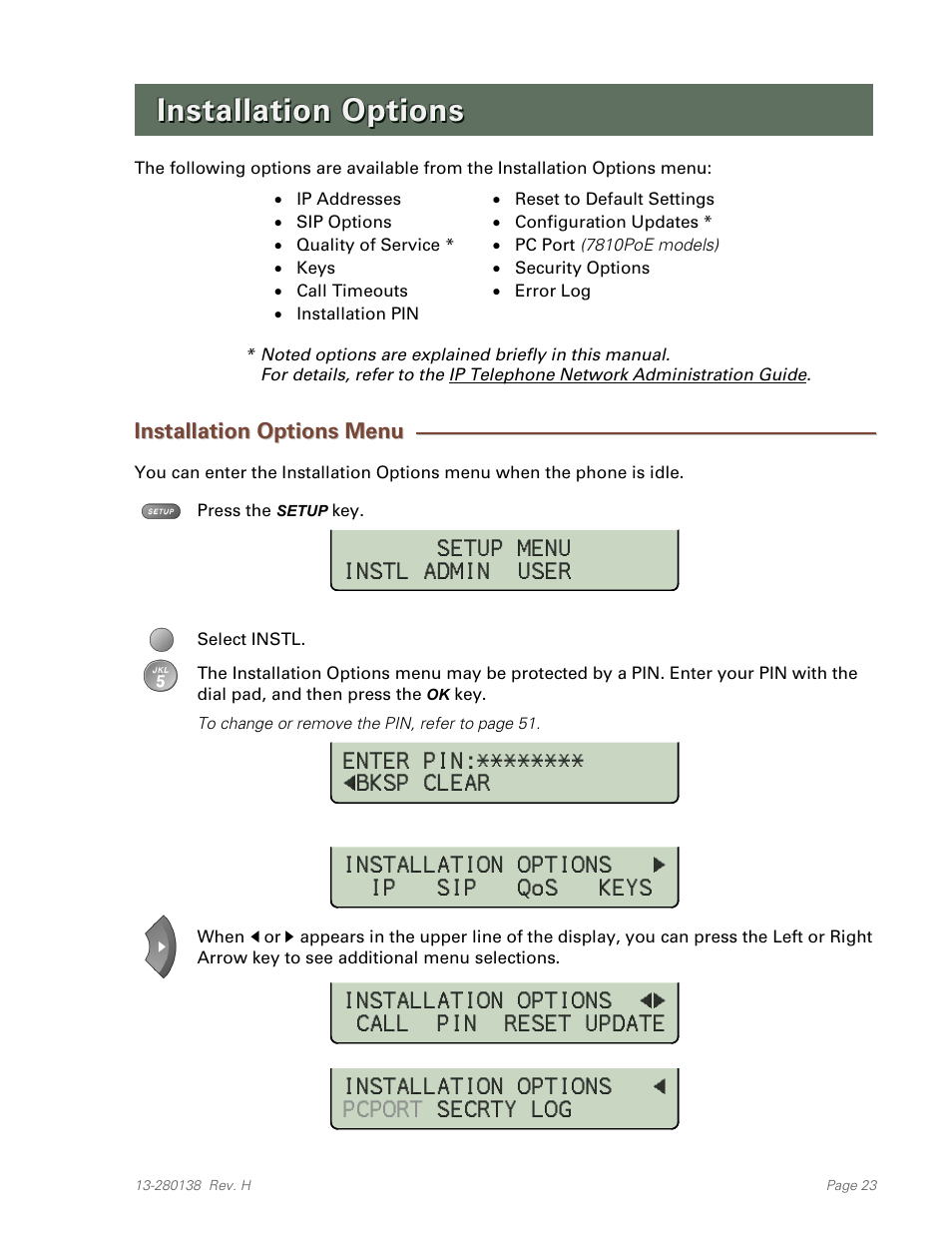 Installation options, Installation options menu | Teo IP Phone 7810-TSG Installation User Manual | Page 23 / 84