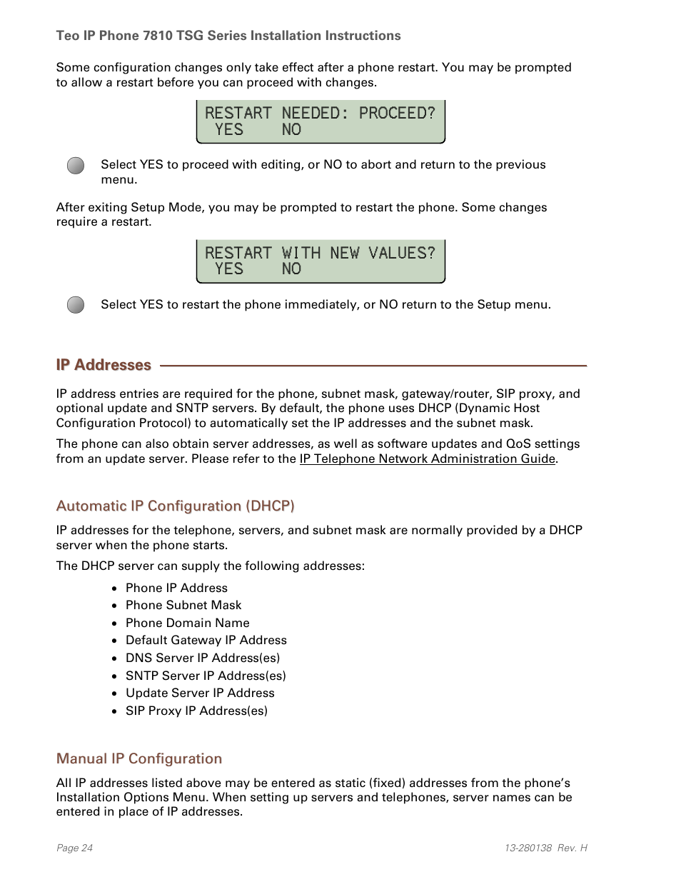 Ip addresses, Automatic ip configuration (dhcp), Manual ip configuration | Teo IP Phone 7810-TSG Installation User Manual | Page 24 / 84