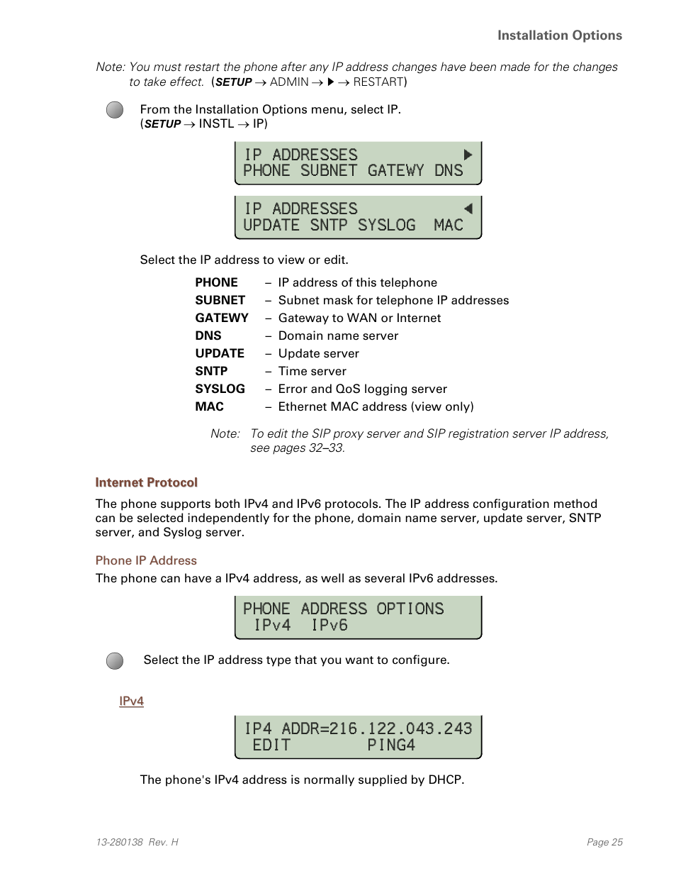 Select the ip address to view or edit, Internet protocol, Phone ip address | Ipv4 | Teo IP Phone 7810-TSG Installation User Manual | Page 25 / 84