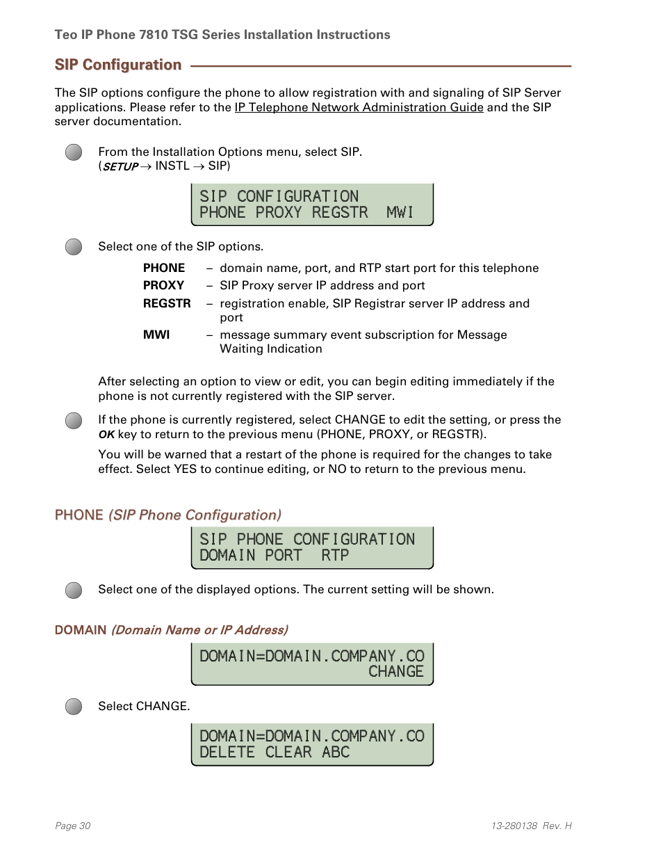 Sip configuration, Phone (sip phone configuration) | Teo IP Phone 7810-TSG Installation User Manual | Page 30 / 84