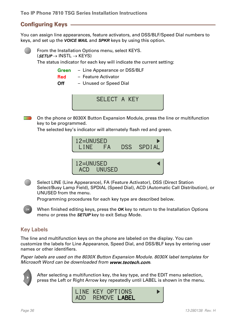 Configuring keys, Key labels | Teo IP Phone 7810-TSG Installation User Manual | Page 36 / 84