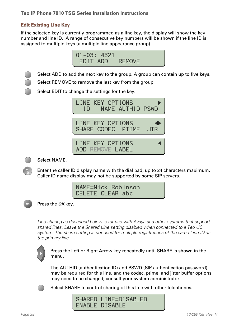 Edit existing line key | Teo IP Phone 7810-TSG Installation User Manual | Page 38 / 84