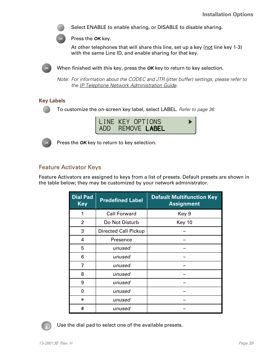 Key labels, Feature activator keys, Line key options ¤ add remove label | Teo IP Phone 7810-TSG Installation User Manual | Page 39 / 84